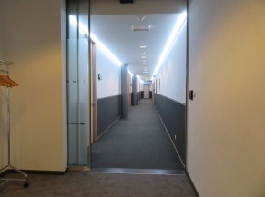 couloir avec pilatres coté mur , porte automatique