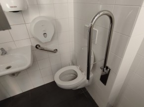 WC avec barres d'appui, lavabo très proche de la cuvette