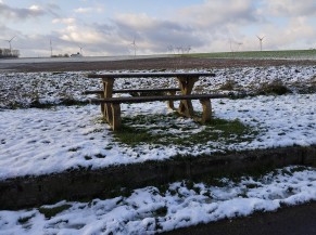 View over the fields at Bambois, with a picnic table in the foreground