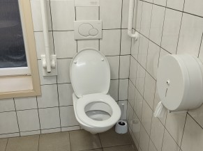 Toilette adaptée, avec une barre d'appui amovible. La barre d'appui fixe du côté du mur est verticale