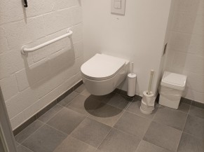 WC adapté avec une barre d'appui fixe côté mur