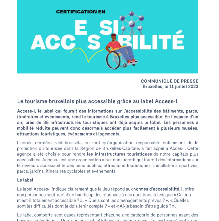 « Le tourisme bruxellois plus accessible grâce au label Access-i »